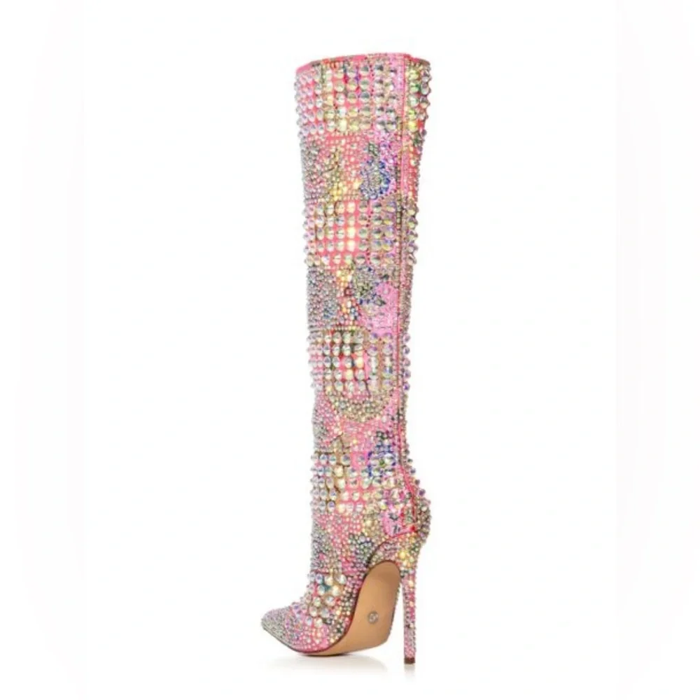 AZALEA WANG Pink Floral Embroidered Brocade Rhinestone Boots